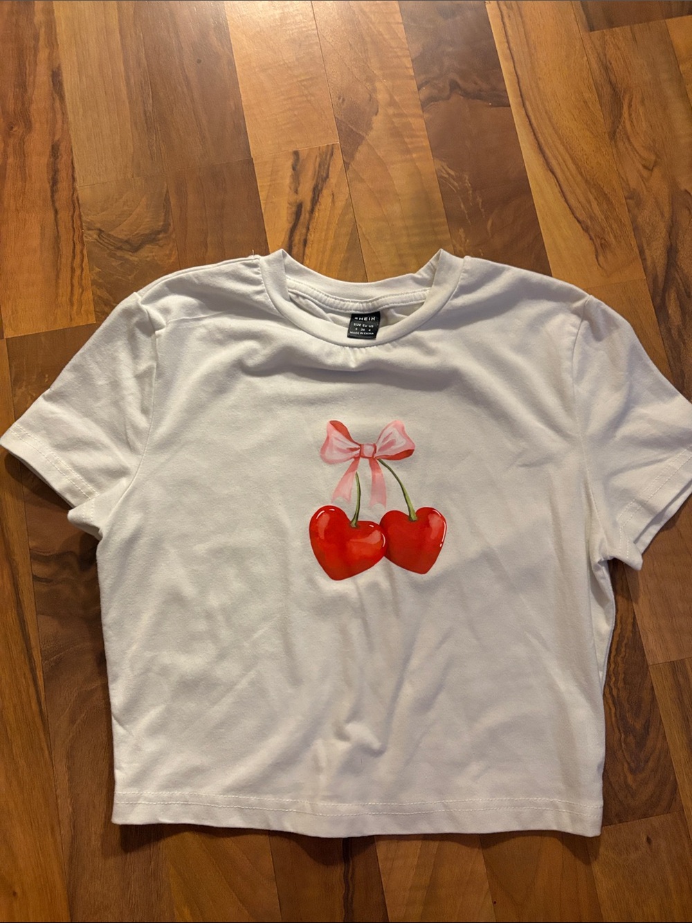 Woman’s White Cherry Graphic Tee - Cute Pink Bow